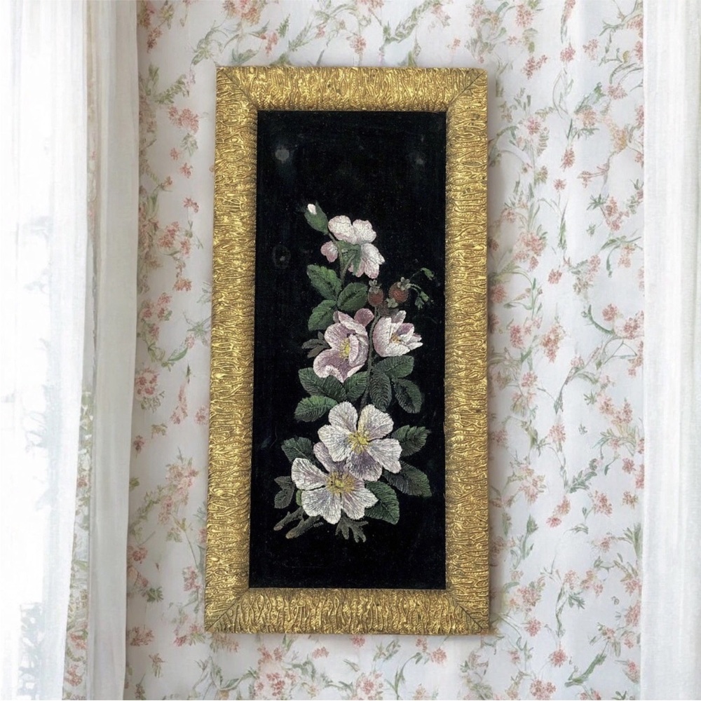 Vintage Floral Painting on Black Velvet Gold Frame 6 X 13 Cottagecore Original